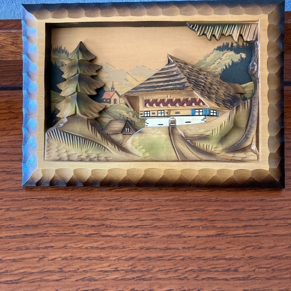 Vintage German Black Forest Hand Carved & Painted Wood Wall Hanging 3D Diorama